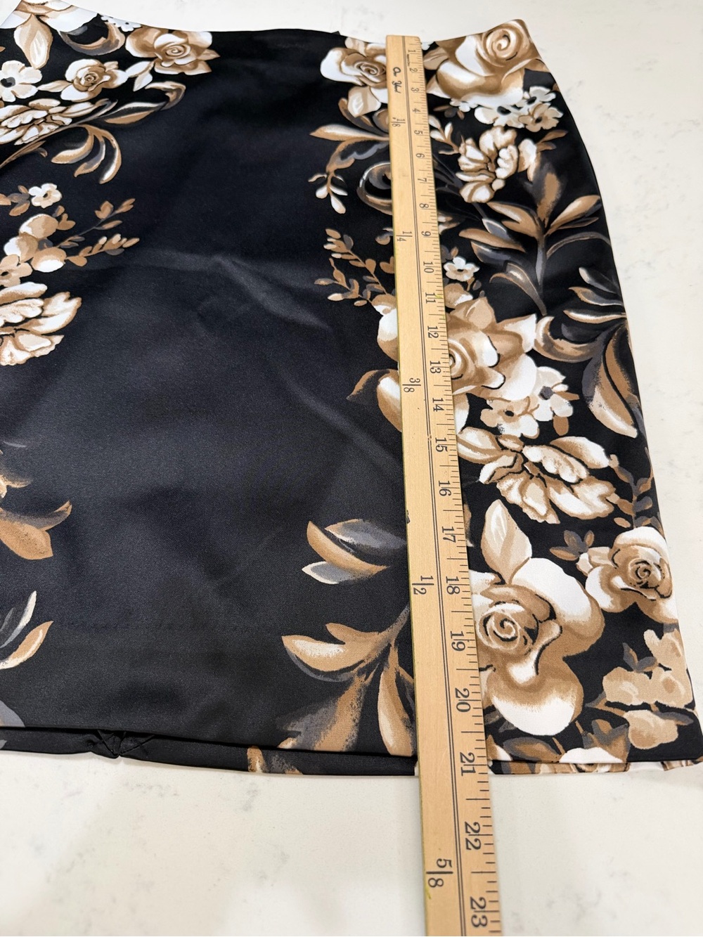 White House Black Market Black Satin Mini Skirt with Beige Floral Print - Picture 14 of 16